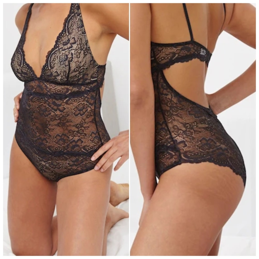 Samantha Chang New York Black Lace Bodysuit Teddy Sheer Floral Sexy Lingerie L